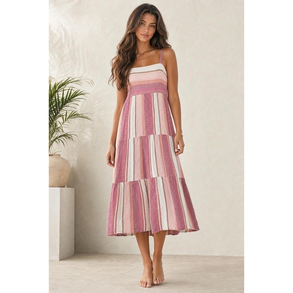 Faherty Dresses & Skirts - Faherty Sarah Tiered Maxi Dress Womens M Pink Coastal Boho Festival Oia Stripe